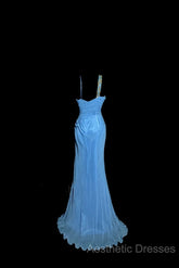 Vintage Mermaid Sweetheart Blue Chiffon Long Evening Prom Gown Fairy Evening Prom Dresses